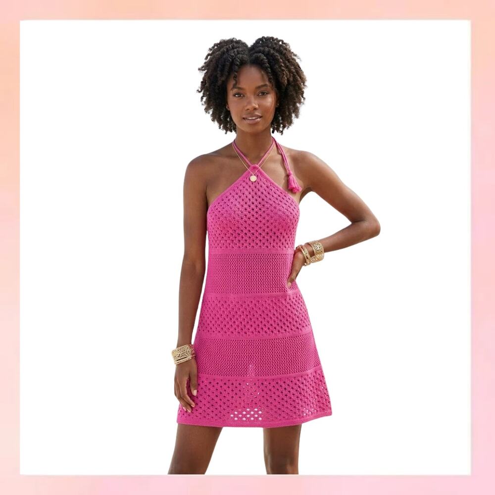 Old Navy Crochet Halter Swim Cover Up Mini Dress Hot Pink Size Large
